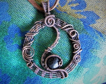 Wire wrap diffuser pendant; lava bead wrapped in copper wire, circular pendant, aromatherapy necklace