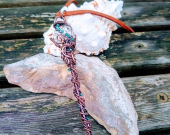 Wire wrapped wand pendant; copper and faceted crystal, mystical witchcraft, wicca necklace