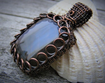 Wire wrapped botswana agate pendant; square agate necklace; wire weave chalcedony