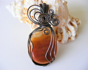 Wire wrapped sunset agate copper pendant; swirly copper pendant with agate; ideal copper wedding anniversary gift
