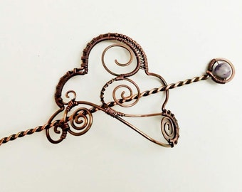 Copper cloud hair barrette with amethyst twisted copper hair stick