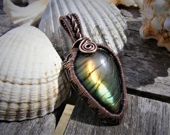 Wire wrapped labradorite pendant with rainbow gold flash, teardrop shape, in oxidised pure copper wire; ideal copper anniversary gift