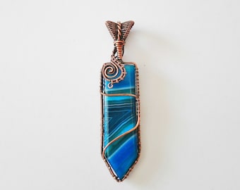 Wire wrapped blue agate slice copper pendant, dagger shape