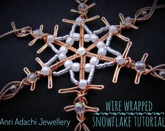 Wire wrapped snowflake tutorial; Christmas decoration; wire and bead snowflake ornament; pdf download, step by step instructions