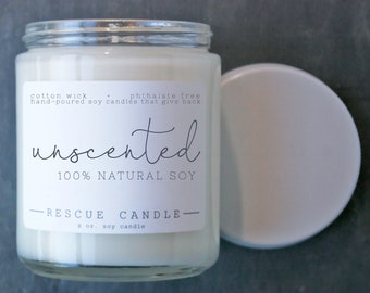 Unscented / 8 oz Soy Candle / Fragrance Free / Free and Clear / Donation to Animal Rescue with Purchase