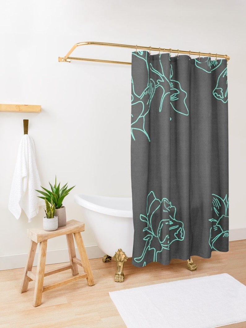 Black and Blue Floral Shower Curtain Botanical Bathroom Etsy