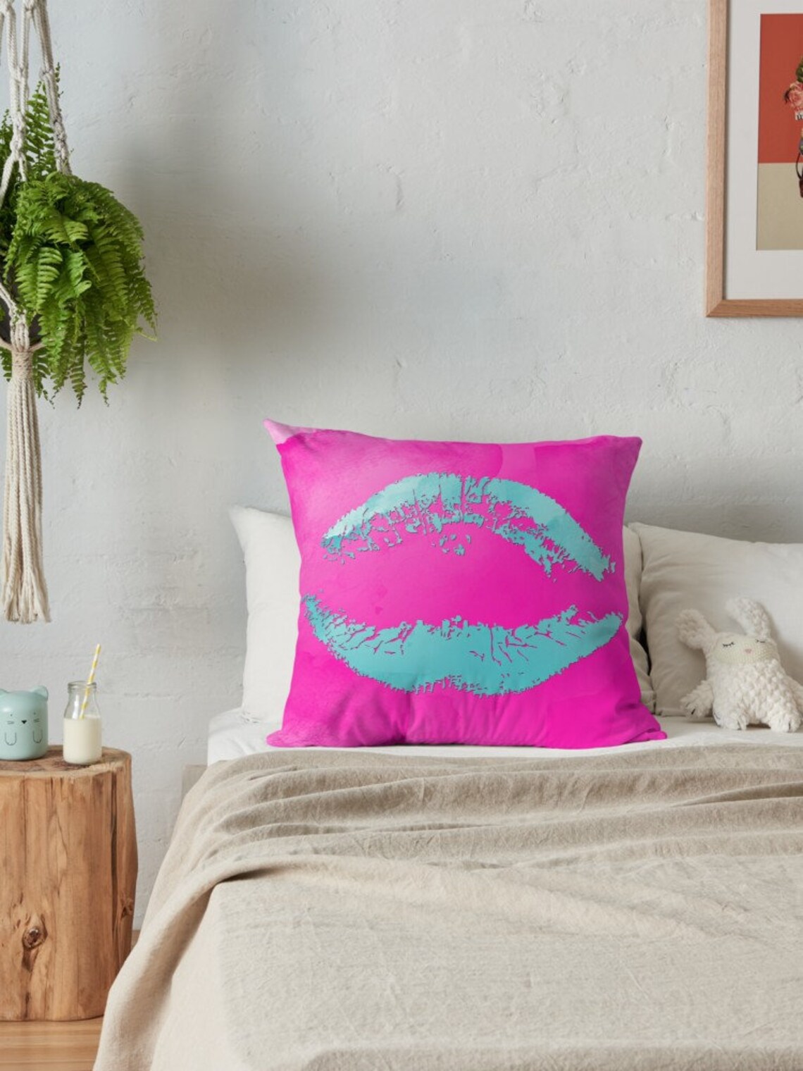 Pink throw pillow with a blue kiss Watercolor pillow Pop art Etsy