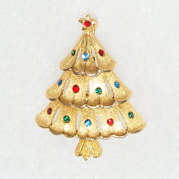 Vintage JJ Signed Gold Tone Christmas Tree Brooch/Pin with Rhinestones -- 0044