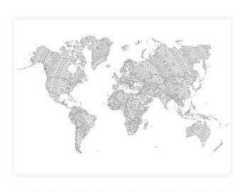 World Map Poster, Coloring Travel Map of the World, Adult Coloring Travel Map, Mandala World Map Wall Art, Mandala Coloring World Map Poster