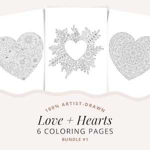 Floral Hearts Coloring Pages, Flower Printable Coloring Sheets, 6 Artist-Drawn Heart Illustrations, Relaxing Simple Coloring Pages Activity