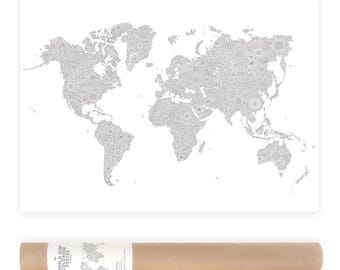 Grande affiche de carte du monde à colorier avec motif floral, parfaite pour une carte de voyage, une carte de vente ou une décoration murale DIY - 50 x 70 cm