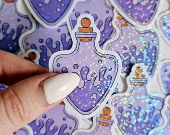 Naklejka Holograficzna Magiczna Mikstura, Naklejka Holograficzna Rysowana Ręcznie Ilustracja Fiolki Magicznych Mikstur, Naklejki Ręcznie Robione Laminowane
