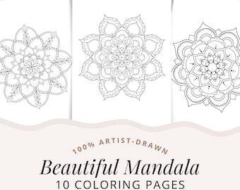 Mandala Coloring Pages, Printable Mandalas Coloring Sheets, 10 Artist-Drawn Mandala Illustrations, Relaxing Simple Coloring Pages Activity