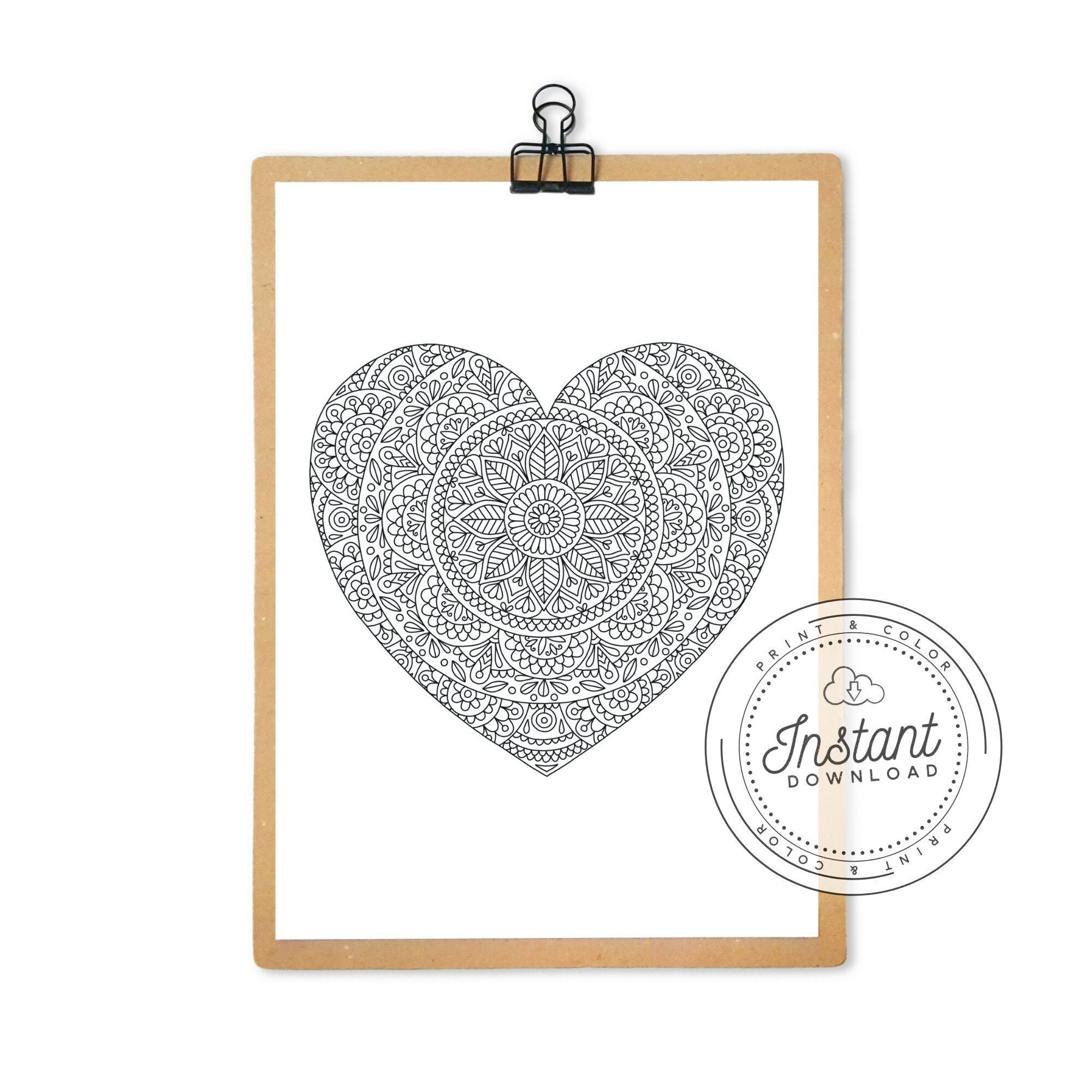 printable adult coloring page mandala heart digital adult etsy