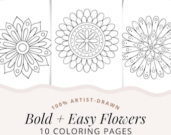 Easy and Bold Flower Coloring Pages, Printable Coloring Book, 10 Simple Colouring Sheets, Bold and Easy Floral Coloring Page Bundle 1
