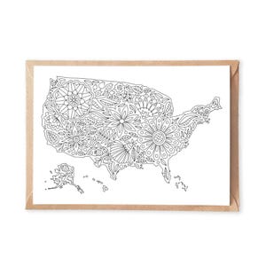 Cartes des États-Unis à colorier – lot de 5, motif floral de carte des États-Unis, cadeau de coloriage pour adulte, cartes postales de voyage, enveloppes kraft, cartes postales à colorier