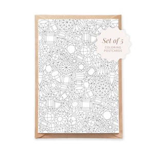 Gems to Color In, Pattern Coloring Postcards – Set of 5, Crystal Coloring Pages, Crystal Coloring Book Postcards, Adult Coloring Post Cards