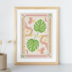 Monstera Deliciosa Boho Art Print A4, gedrukte illustratie met aardekleuren, kamerplant kunst aan de muur decoratie voor plantenliefhebbers