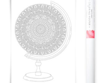 Large Mandala Coloring Page, Adult Coloring Page Mandala Globe, Mandala Coloring Poster, Printed Coloring Poster, XXL Coloring Pages