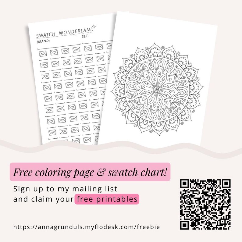 May include: Two white sheets of paper. One features a grid of small envelope icons, the other a detailed mandala design. Text reads "SWATCH WONDERLAND" and "Free coloring page & swatch chart!" with a QR code.
