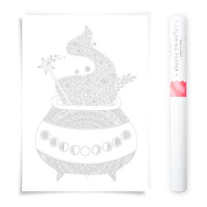 May include: A black and white coloring poster depicting a cauldron with a magic wand and a swirling design. The poster features a detailed floral pattern and moon phases. A white tube with the text "COLORING POSTER" is next to the poster.