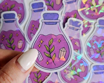 Naklejka Holograficzna Magiczna Mikstura, Naklejka Holograficzna Rysowana Ręcznie Ilustracja Fiolki Magicznych Mikstur, Naklejki Ręcznie Robione Laminowane
