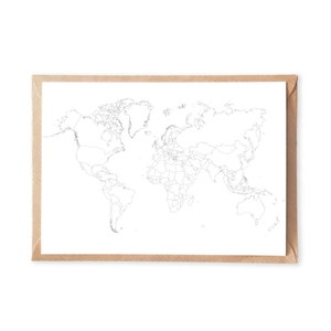 Postales para colorear de mapas del mundo, página para colorear de mapas del mundo con contornos simples, mapa político del mundo, postales de viaje para colorear, juego de tarjetas