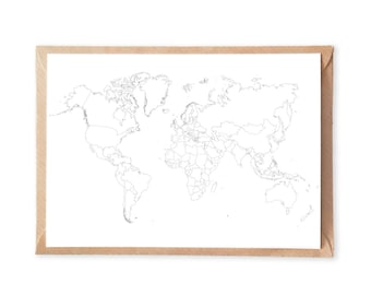 Set of 5, White World Map Postcard, Modern Map Illustration Postcard, Travel Map Postcard, Postcard World Map Wall Art, Map of the World