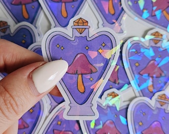 Naklejka Holograficzna Magiczna Mikstura, Naklejka Holograficzna Rysowana Ręcznie Ilustracja Fiolki Magicznych Mikstur, Naklejki Ręcznie Robione Laminowane