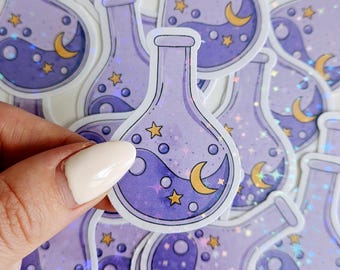 Naklejka Holograficzna Magiczna Mikstura, Naklejka Holograficzna Rysowana Ręcznie Ilustracja Fiolki Magicznych Mikstur, Naklejki Ręcznie Robione Laminowane