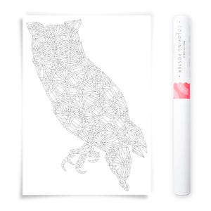 Hand-drawn geometric owl coloring poster featuring faceted crystal-inspired shapes forming an owl silhouette, shown uncolored beside poster tube packaging, modern line art illustration for cozy coloring and creative hobby