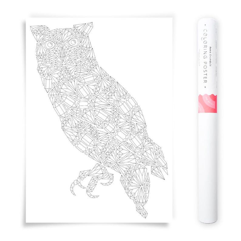 Hand-drawn geometric owl coloring poster featuring faceted crystal-inspired shapes forming an owl silhouette, shown uncolored beside poster tube packaging, modern line art illustration for cozy coloring and creative hobby