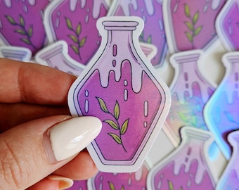 Naklejka Holograficzna Magiczna Mikstura, Naklejka Holograficzna Rysowana Ręcznie Ilustracja Fiolki Magicznych Mikstur, Naklejki Ręcznie Robione Laminowane
