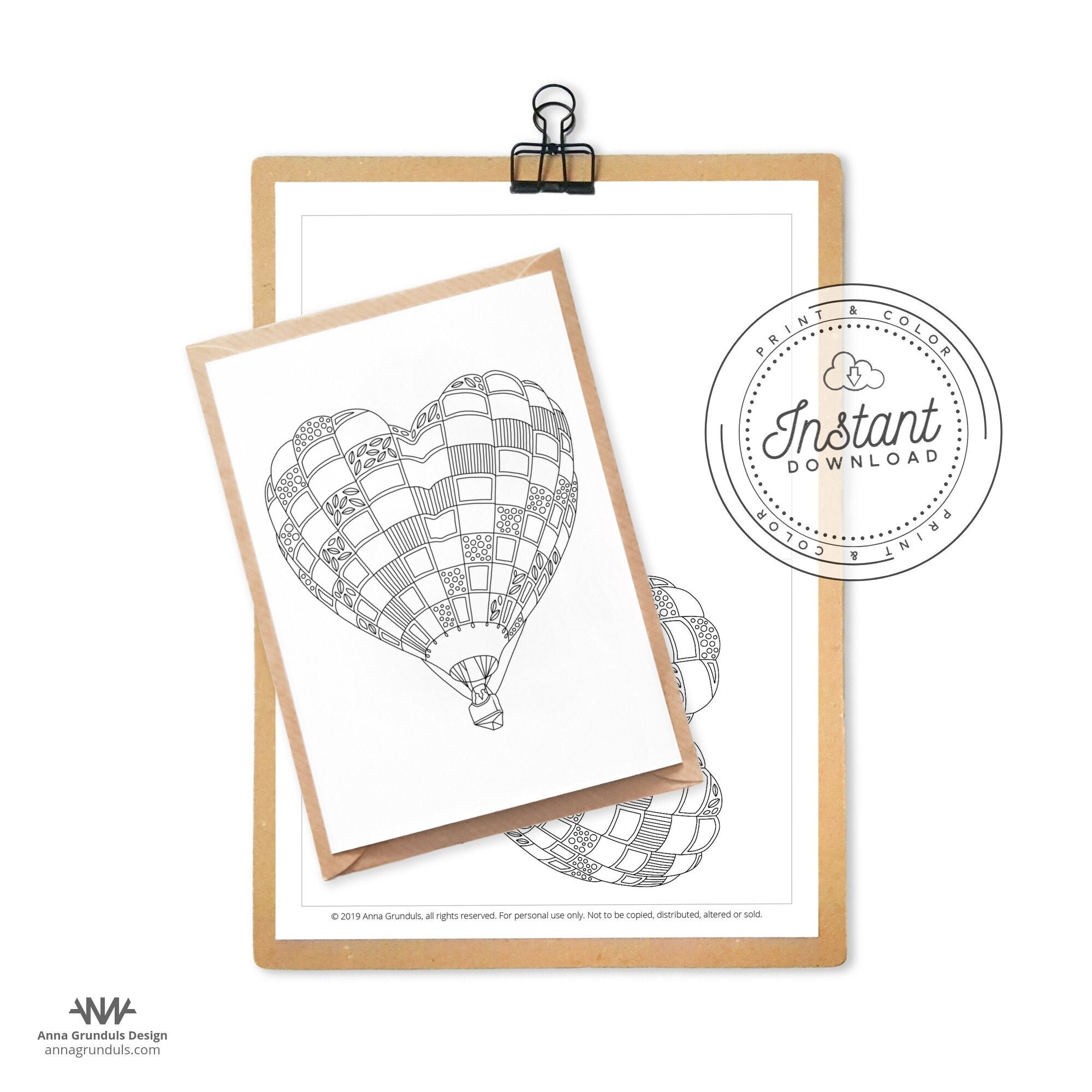 Hot Air Balloon Card Printable Adult Coloring Page Wedding | Etsy