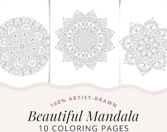 Mandala Coloring Pages Bundle, Printable Mandala Coloring Sheets, 10 Artist-Drawn Mandalas, Easy Adult Coloring Book Digital Download