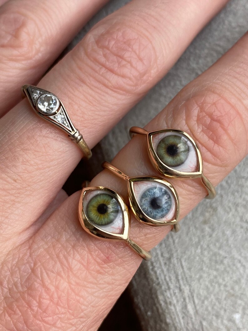 MINI Size 8 14k gold solid MINI light blue Eye ring