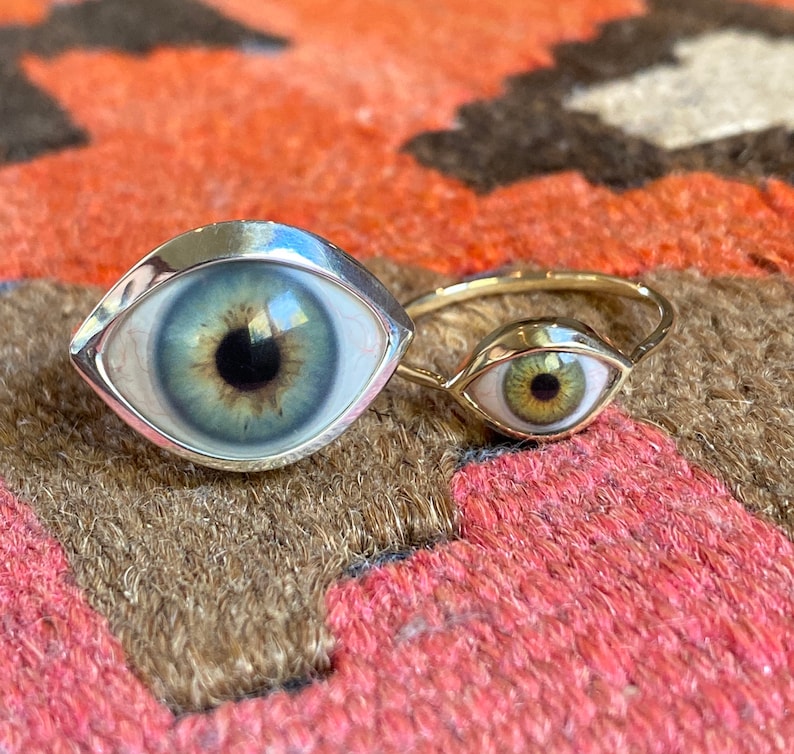 MINI Size 8 14k gold solid MINI light blue Eye ring