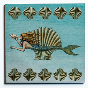 May include: Square artwork featuring a mermaid blowing a conch shell, set against a light blue background. The mermaid has long, flowing hair and a blue tail, positioned within a large seashell. Scallop shells border the top and bottom.