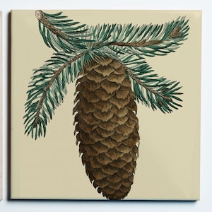 May include: A square ceramic tile featuring a detailed illustration of a brown pine cone with green and brown pine needles. The artwork is set against a cream-colored background, creating a vintage aesthetic. The tile is likely for decorative purposes.