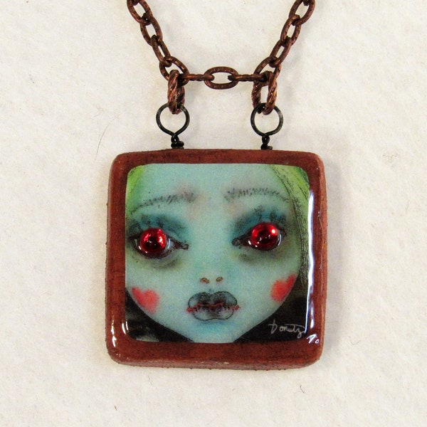 Original Photo Art The Lonely Ghoul Pendant Necklace OOAK Monster High Repaint Gothic Jewelry Piercing Red Rhinestone Eyes 24" Copper Chain