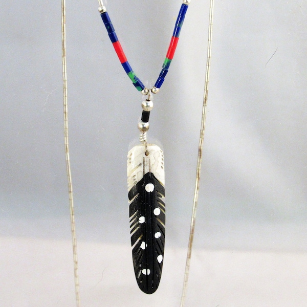 Vintage Carved Bone Feather Artisan Pendant Necklace Hand Painted Polka Dot Design Liquid Silver Coral Lapis Heishi Beaded Southwest Style