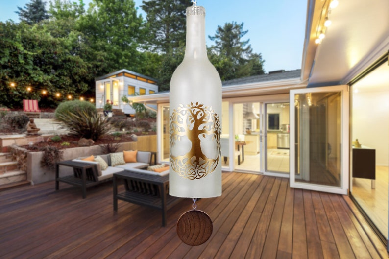 Glass Tree of Life Wine Bottle Wind Chime Outdoor Patio Decor