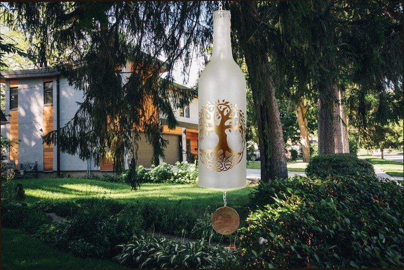 Glass Tree of Life Wine Bottle Wind Chime Outdoor Patio Decor
