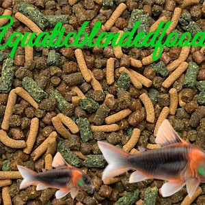 May include: Image of fish food pellets with two Corydoras catfish. The fish have black and orange markings with white fins. The fish food is a mix of brown, green, and tan pellets. The text "Aquaticblendedfoods" is written in green cursive.