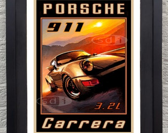 Porsche 911 Carrera 3.2L vintage automotive car art travel poster print