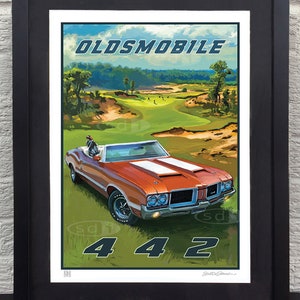 Oldsmobile 442 vintage automotive car art travel poster print