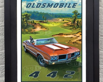Oldsmobile 442 vintage automotive car art travel poster print
