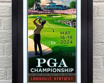 May include: A vintage-style poster advertising the PGA Championship at Valhalla Golf Club in Louisville, Kentucky. The poster features a golfer swinging a club on a green fairway, with the course and clubhouse in the background. The text reads "Valhalla C.C. May 16-19, 2024 PGA Championship Louisville, Kentucky".
