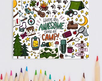 Awesome Time At Camp Doodles Card, Envelope, & Optional Handwritten Card Message | Choose Your Style | Includes Stamp and Mailing