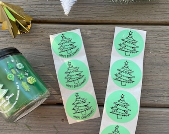 Happy Christmas Tree Circle Stickers | Mail Stickers | Small Business Stickers | Thermal Printed Business Stickers